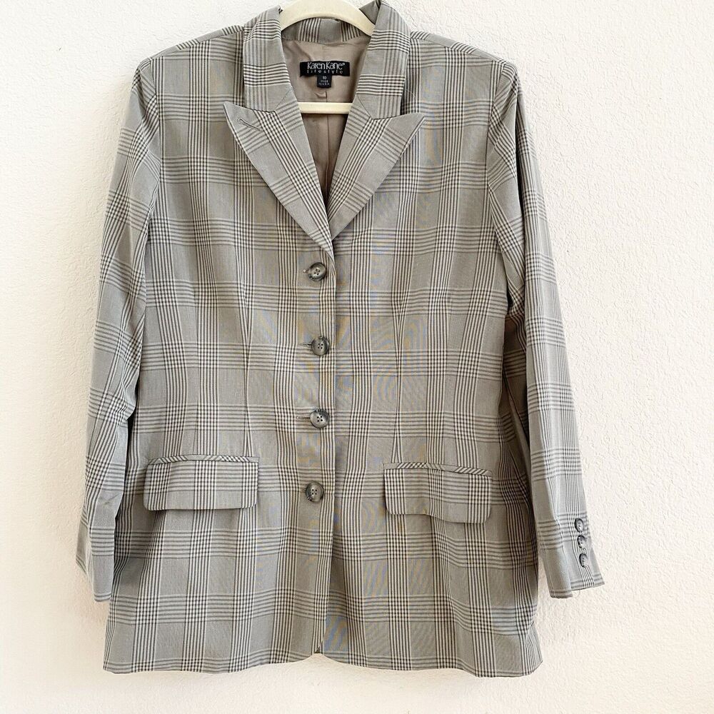 KAREN KANE Women’s Blazer Plaid Long Blazer Coat Size 10 Gray Lined